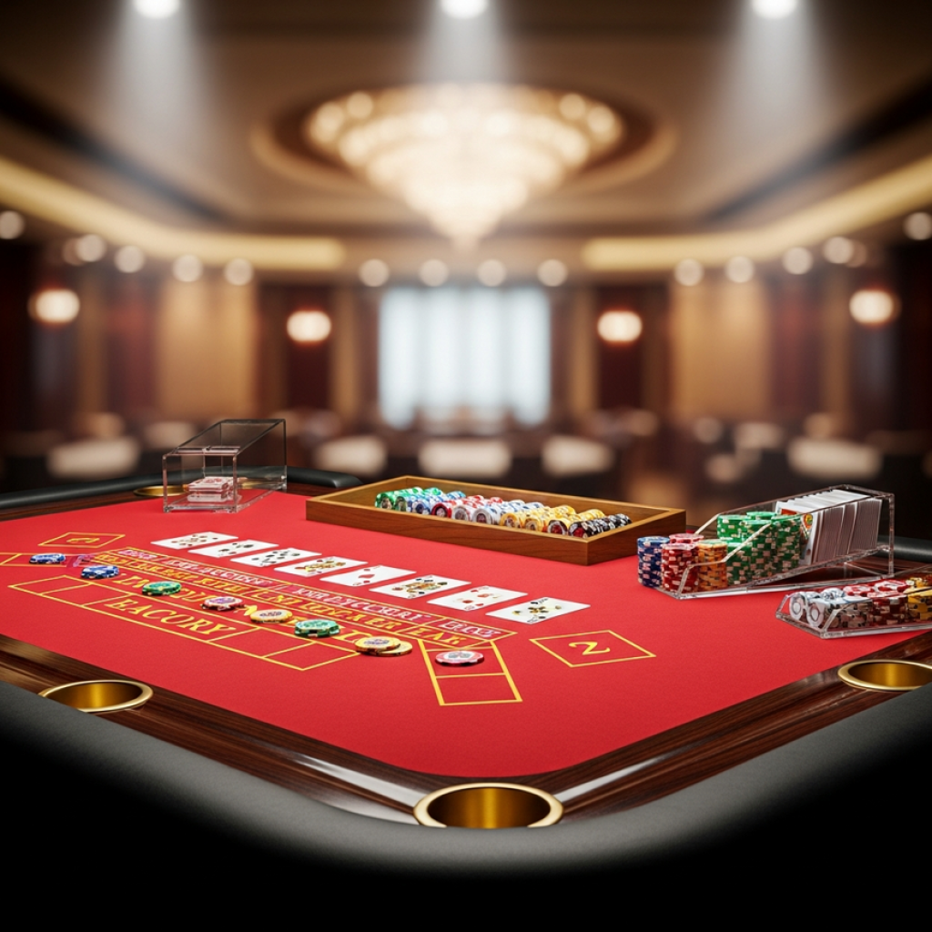 An empty, professional live dealer Baccarat table with red felt and gold accents in a luxury Malaysian casino studio.